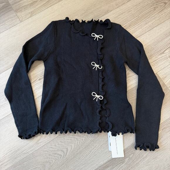 Commense Rhinestone Bow Lettuce Trim Chic Girly Black Stretch Sweater XL - Picture 2 of 8